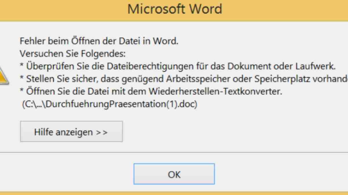 Fehler Beim öffnen der datei in word